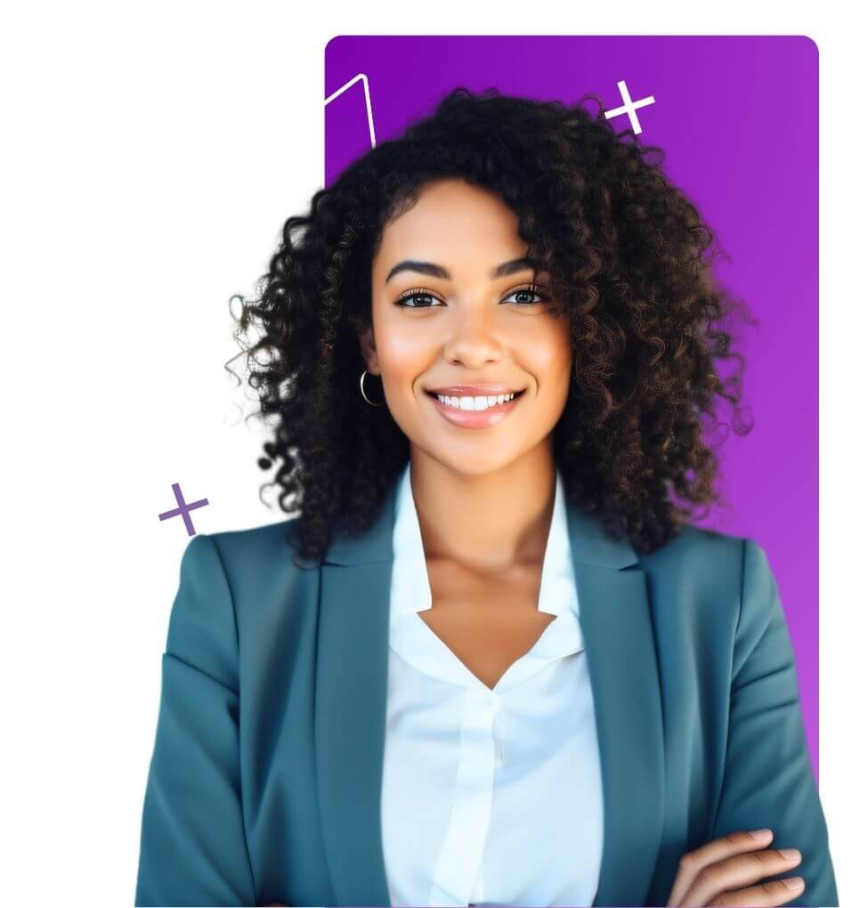Mulher negra vestida de social sorrindo como capa do programa de treinamento 'Gestão Emocional para Líderes'