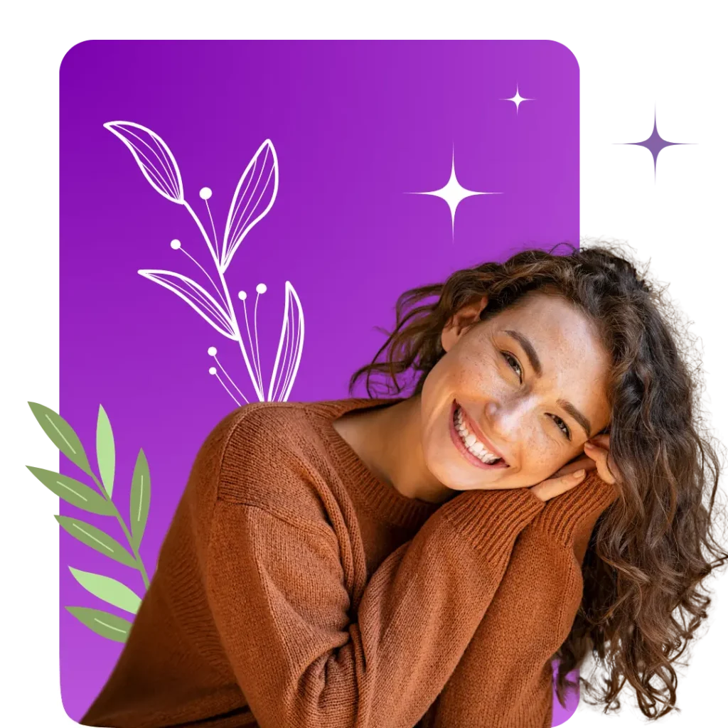 Imagem de uma mulher branca com cabelos castaanhos sorrindo. Ao fundo ilustração de plantas e estrelas.