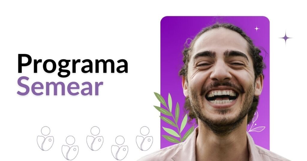 Foto de um homem sorrindo com fundo roxo com o texto Programa Semear